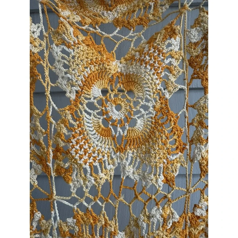 Handmade Crochet Dresser Scarf Table Runner Cotton Yellow Cream Floral 21x43